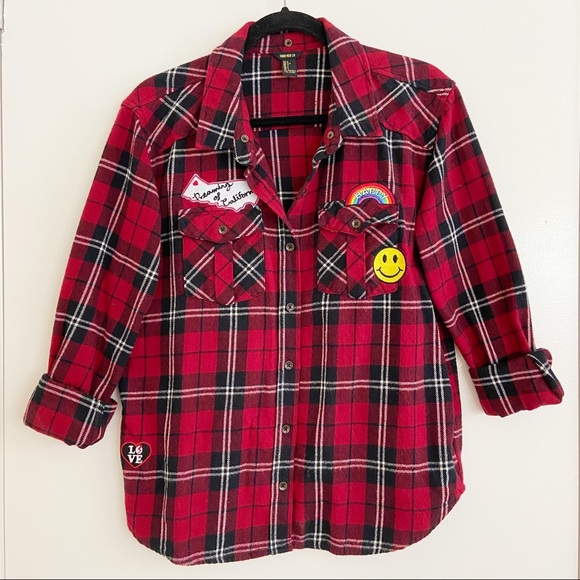 Forever 21 Thick Red Black Plaid Flannel Patches L - Picture 8 of 10